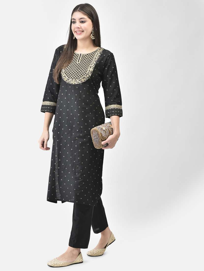 women black round neck straight kurta - 20683372 -  Standard Image - 1