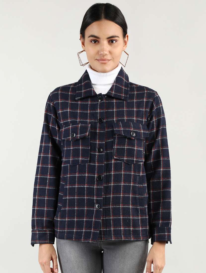 women checkered collared long sleeves coat