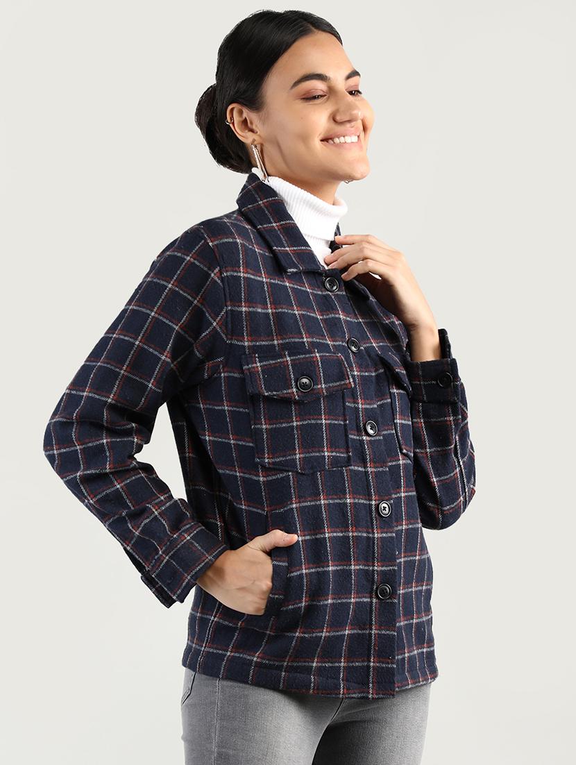 women checkered collared long sleeves coat - 20683819 - Standard Image - 1