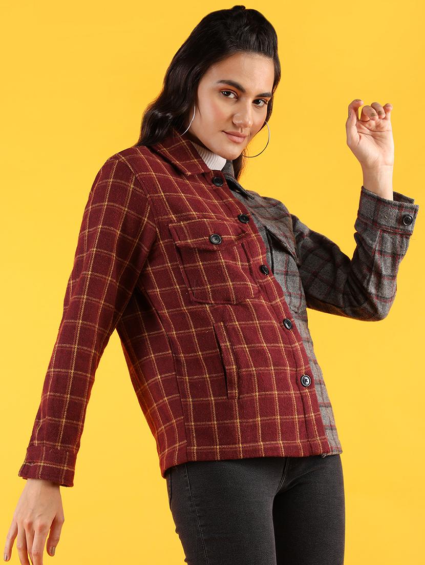 women multi color check printed full sleeve overcoat - 20683823 - Standard Image - 1
