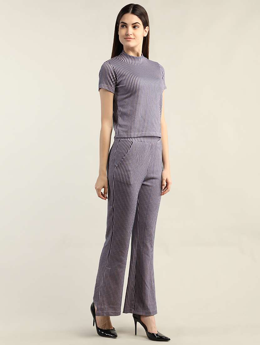 women blue stripes top & mid-rise trouser set - 20683907 -  Standard Image - 1