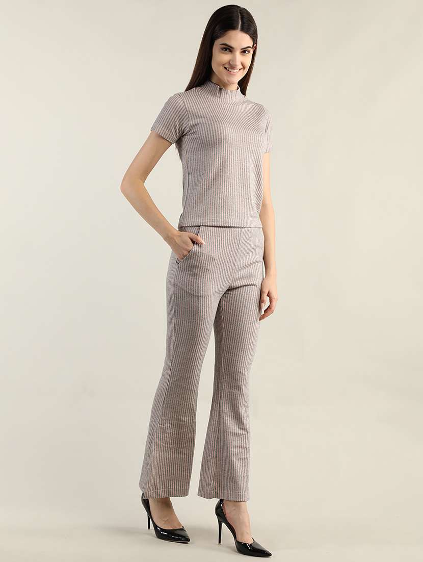 women beige stripes top & mid-rise trouser set - 20683908 -  Standard Image - 1