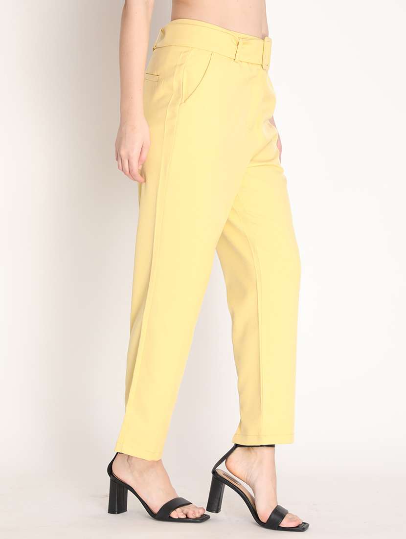 women yellow solid flat front trouser - 20683920 -  Standard Image - 1