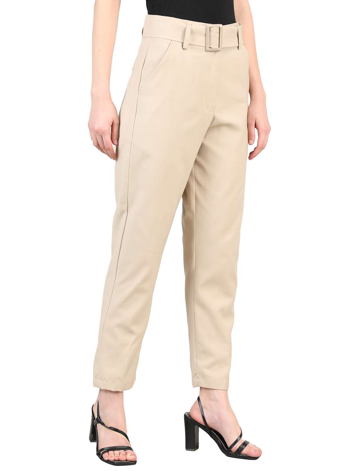 solid beige belted trouser - 20683932 -  Standard Image - 1