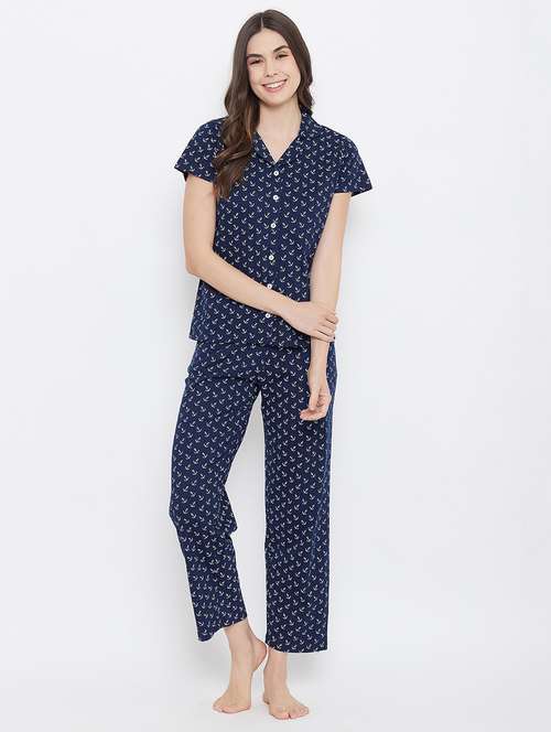 women printed shirt & full length trouser pyjama set - 20684024 - Standard Image - 0
