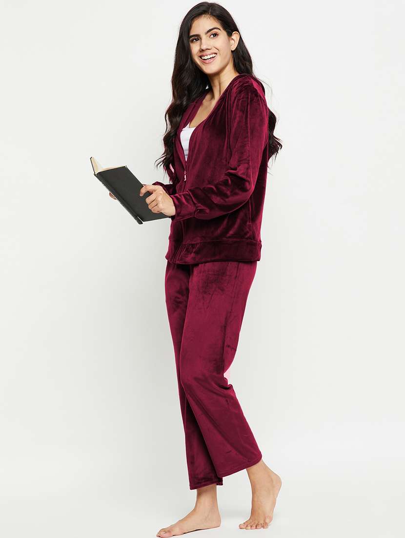 maroon solid pyjama set nightwear - 20685080 - Standard Image - 4