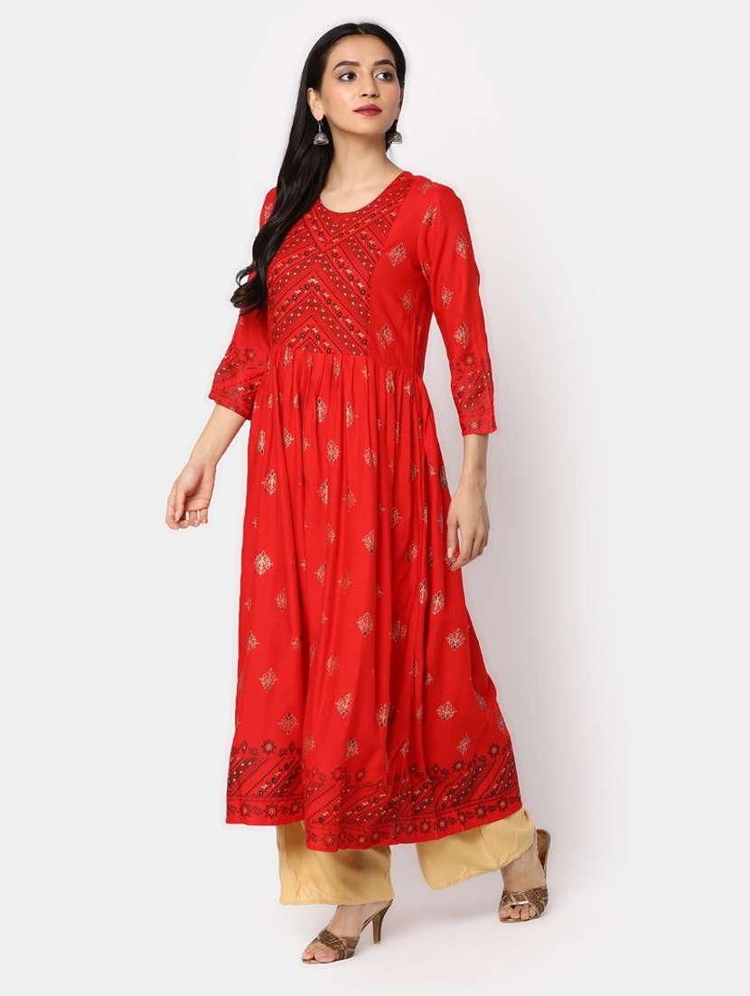 red three quarter sleeve flared kurta - 20685998 -  Standard Image - 1