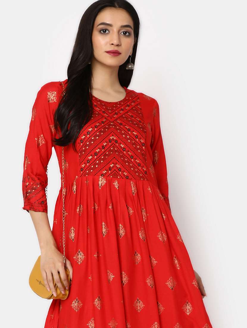 red three quarter sleeve flared kurta - 20685998 -  Standard Image - 4