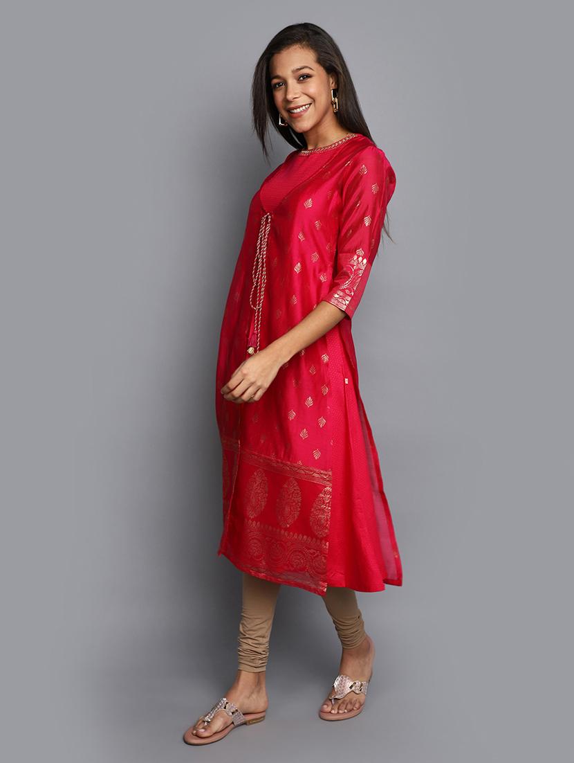 fuchsia three quarter sleeve layered kurta - 20686044 - Standard Image - 1