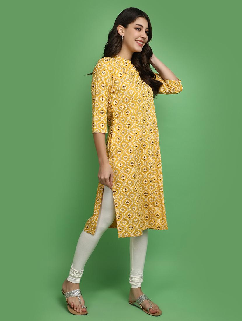 yellow three quarter sleeve straight kurta - 20686072 - Standard Image - 1