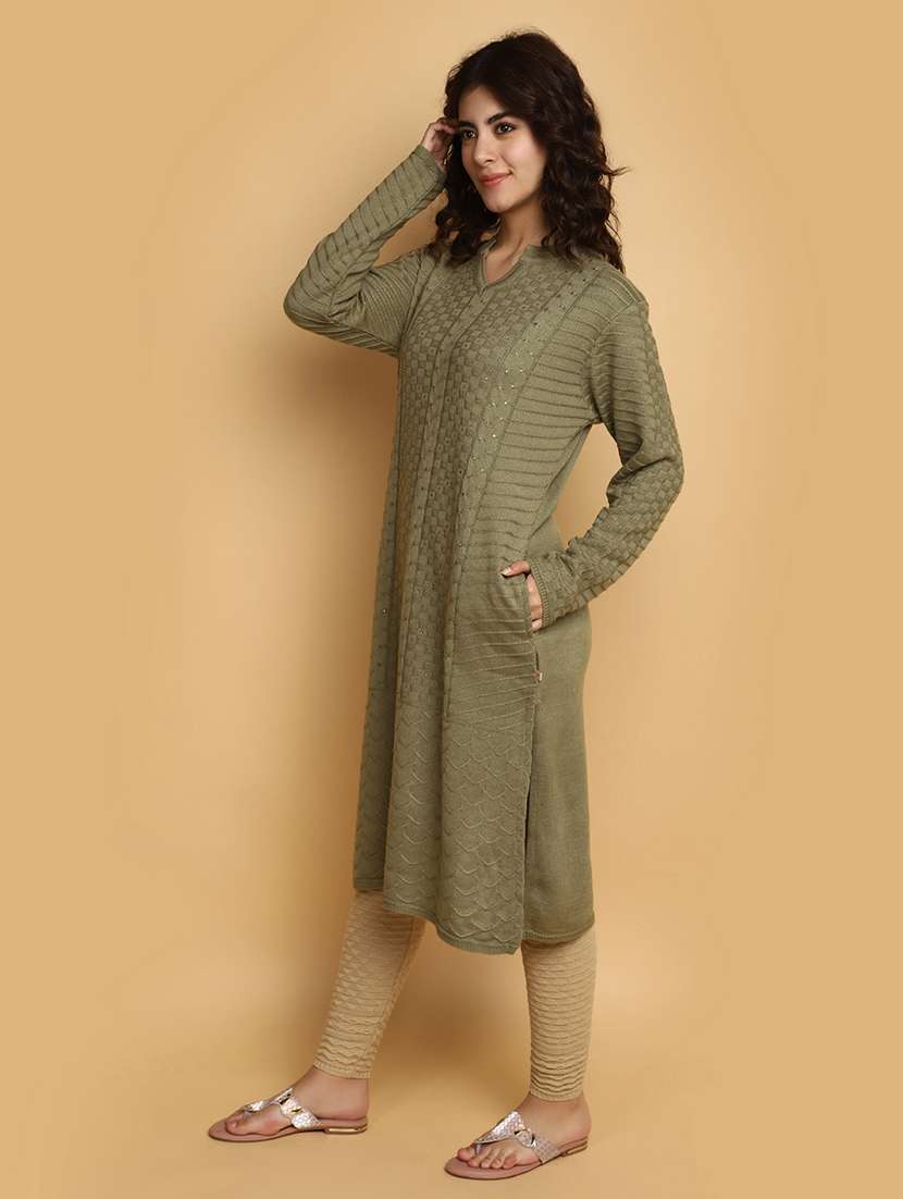 olive self design woolen kurta - 20686080 -  Standard Image - 1