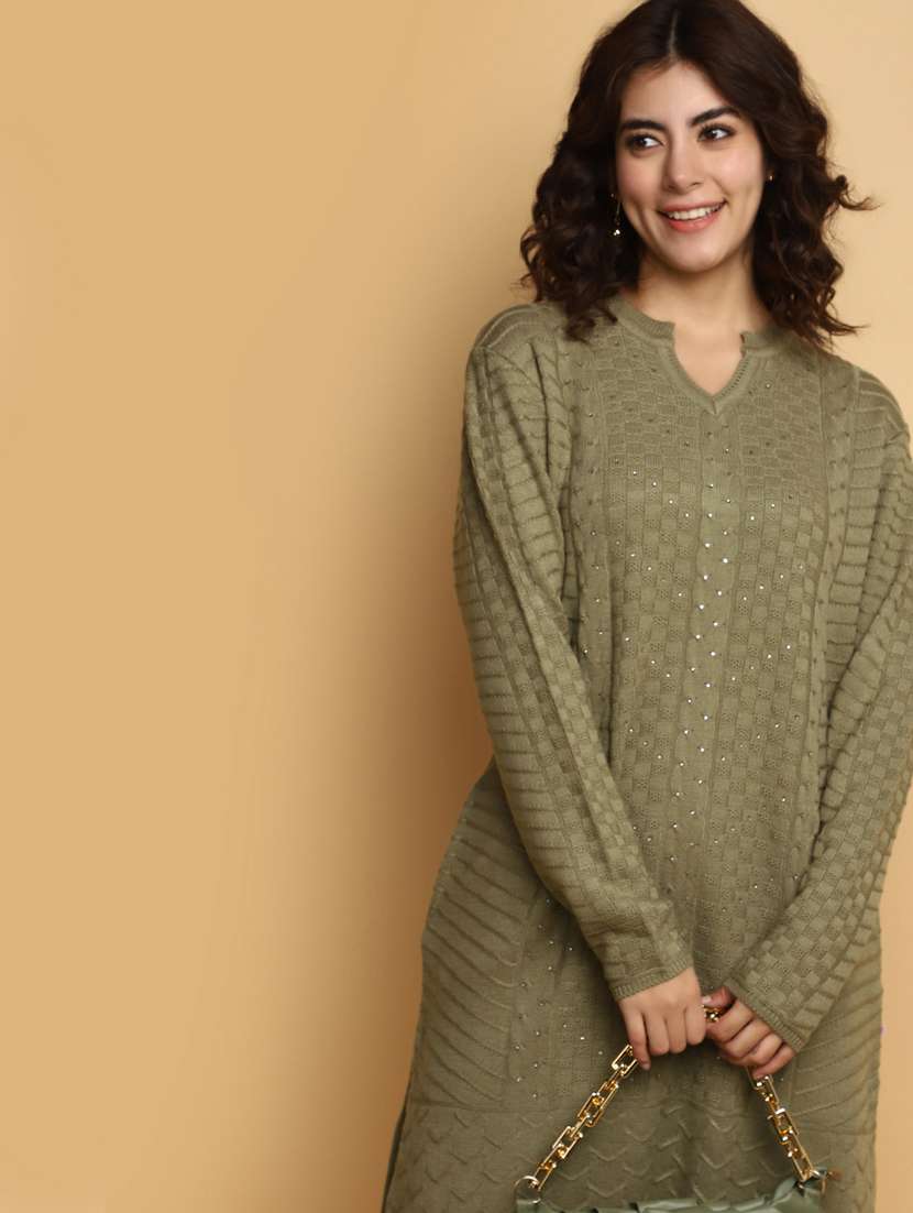 olive self design woolen kurta - 20686080 -  Standard Image - 4