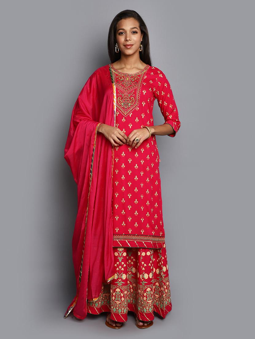 women pink round neck kurta sharara set with dupatta