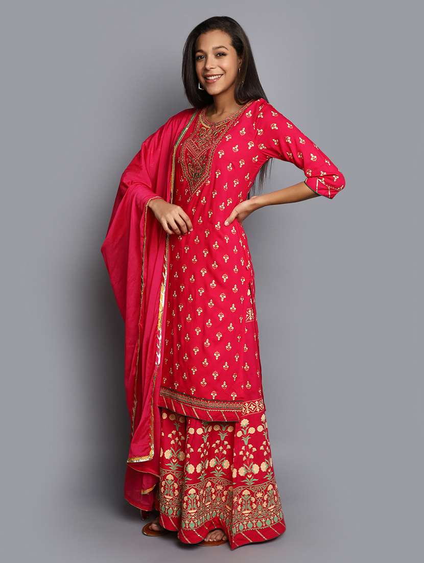 women pink round neck kurta sharara set with dupatta - 20686096 -  Standard Image - 1