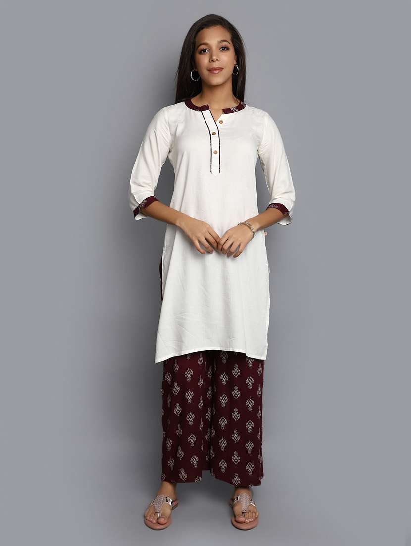 women white mandarin neck kurta palazzo set 