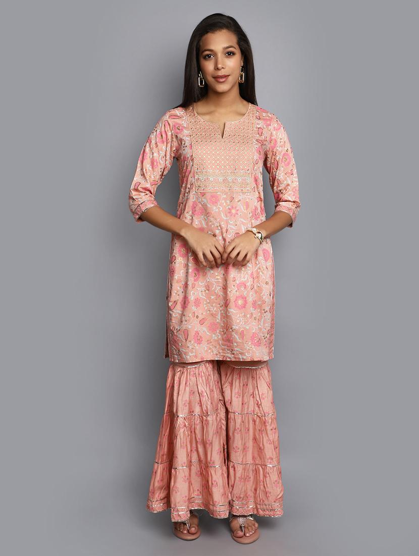 women peach notch neck kurta sharara set