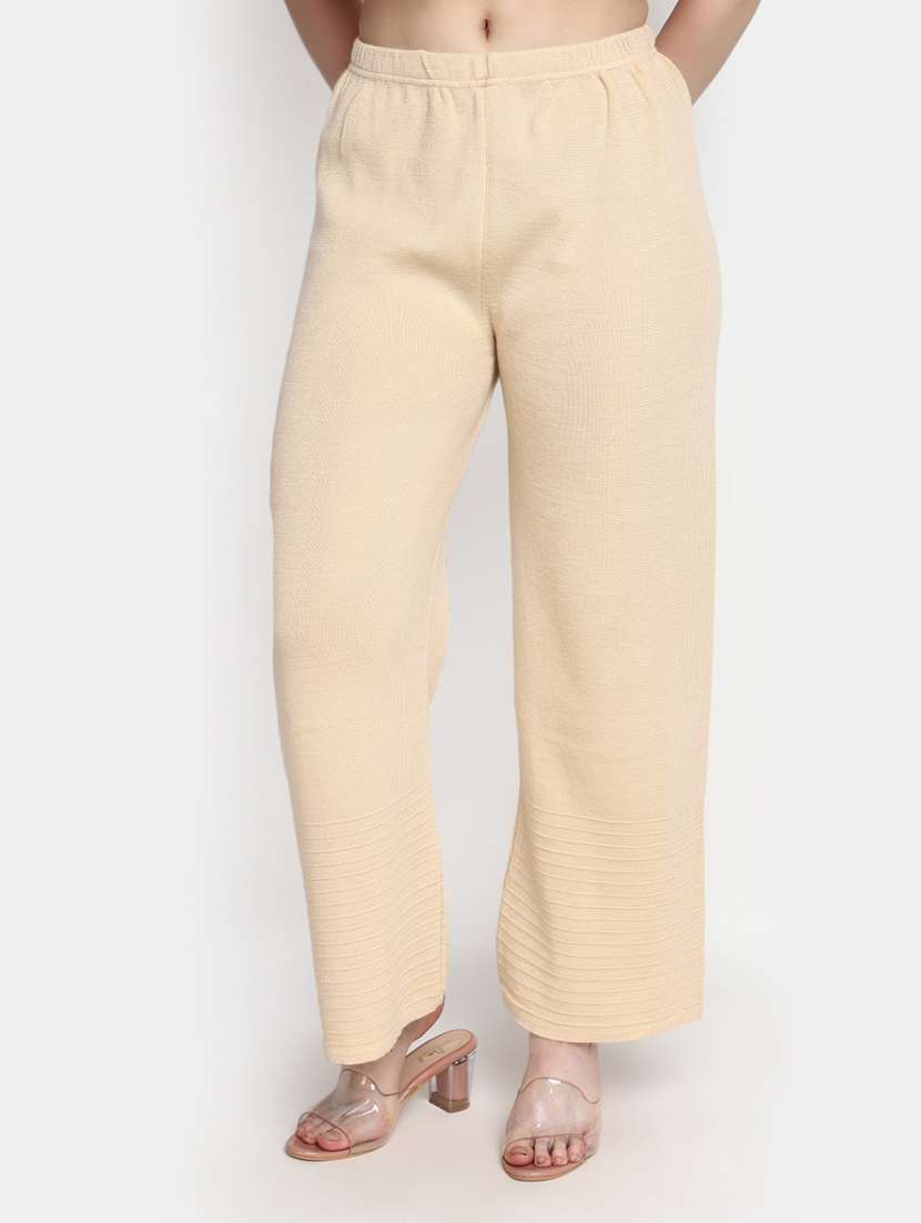 women beige self design wide leg trouser