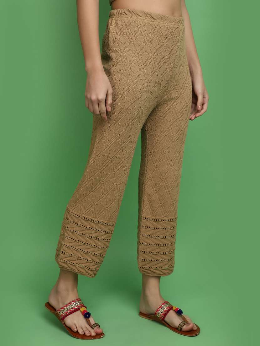 women brown self design detailed trouser - 20686135 -  Standard Image - 1