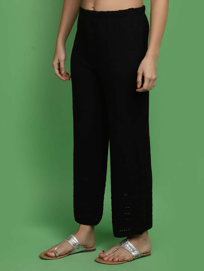 women black self design detailed trouser - 20686136 -  Standard Image - 1