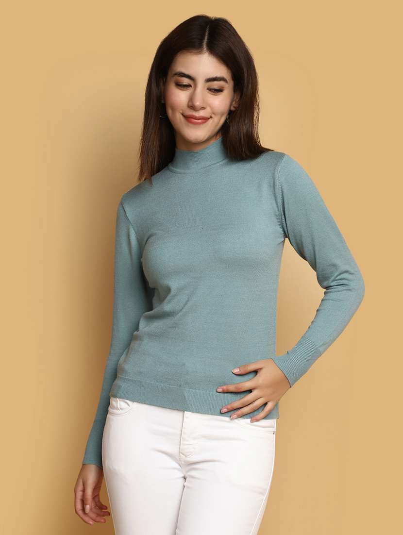 women solid high neck pullover
