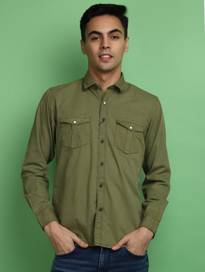 olive cotton casual shirt - 20686248 -  Zoom Image - 0