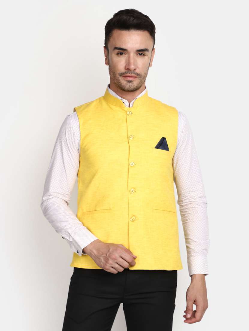 yellow self design mandarin collar nehru jacket