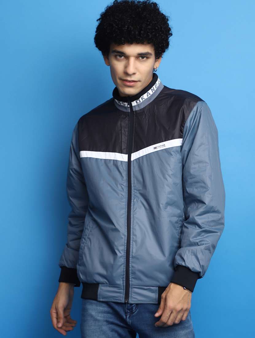 men blue color block reversible bomber jacket