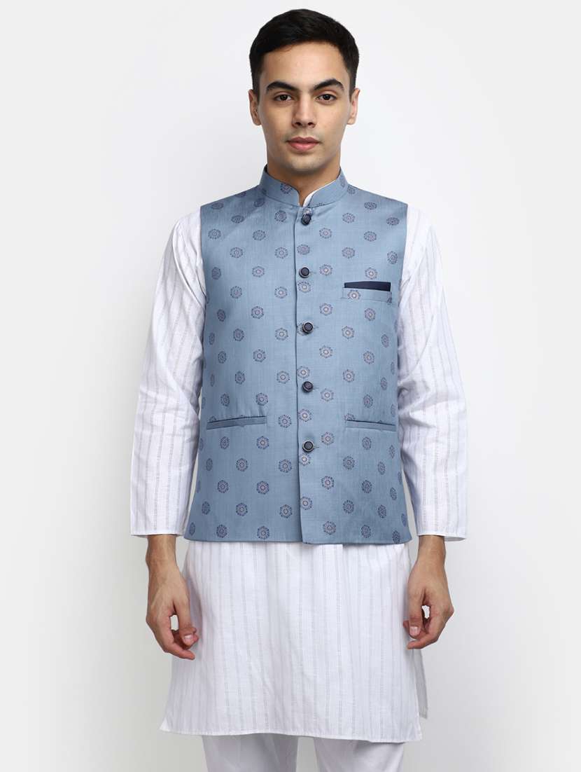 men blue printed mandarin neck nehru jacket