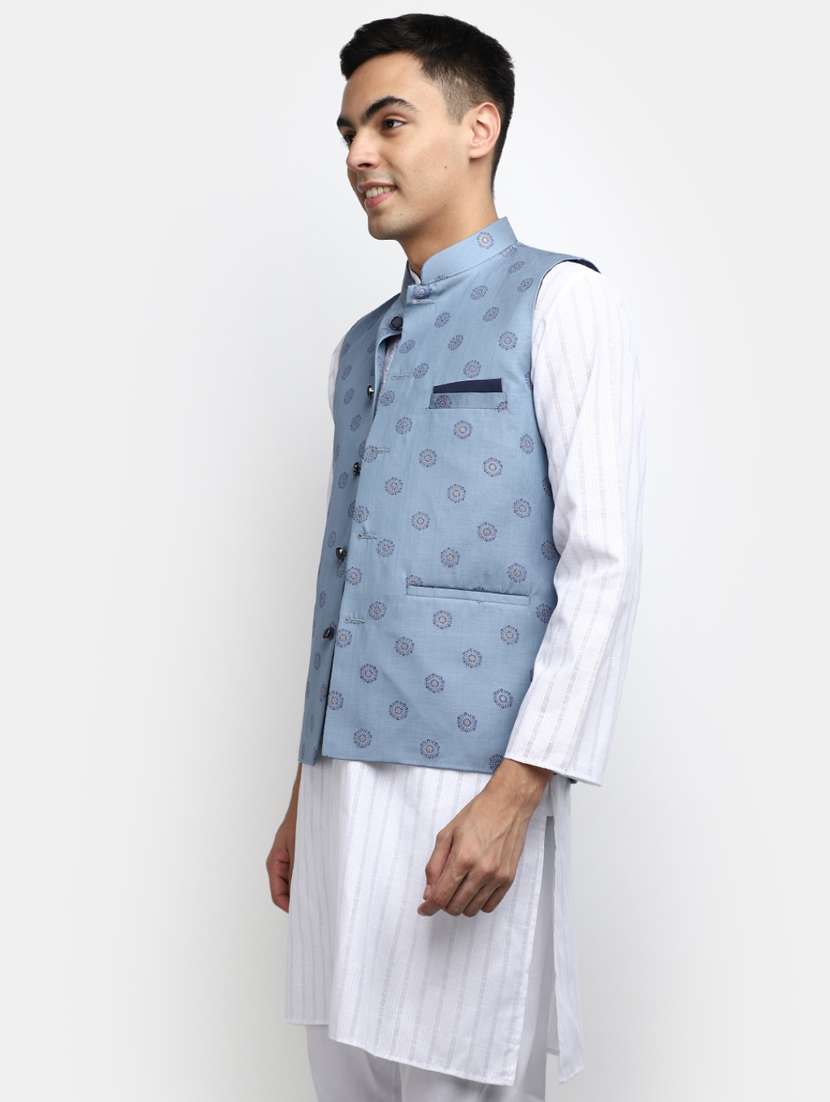 men blue printed mandarin neck nehru jacket - 20686293 -  Standard Image - 1