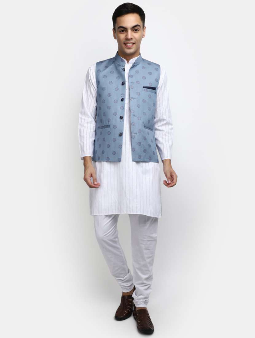men blue printed mandarin neck nehru jacket - 20686293 -  Standard Image - 4