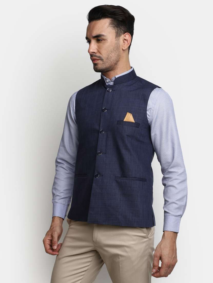 men navy blue solid mandarin neck nehru jacket - 20686294 -  Standard Image - 1