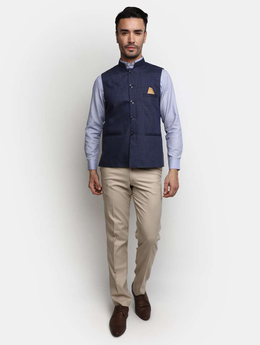 men navy blue solid mandarin neck nehru jacket - 20686294 -  Standard Image - 4