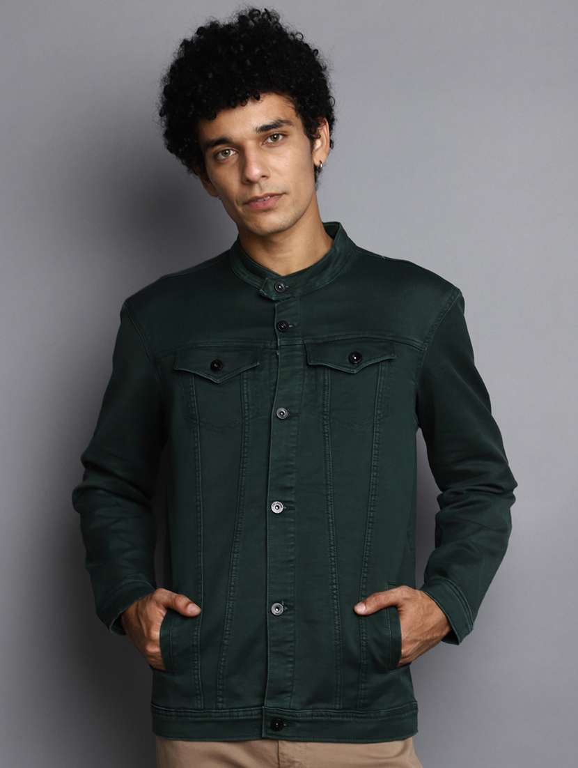solid green detailed casual denim jacket