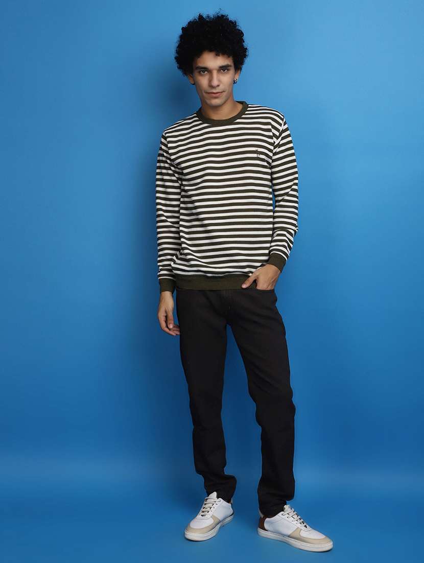 olive green striped round neck sweater - 20686795 - Standard Image - 4