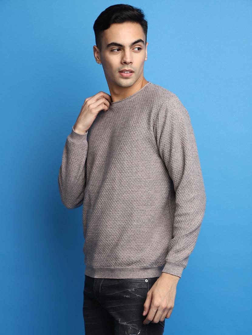 grey self design round neck pullover - 20686805 - Standard Image - 1