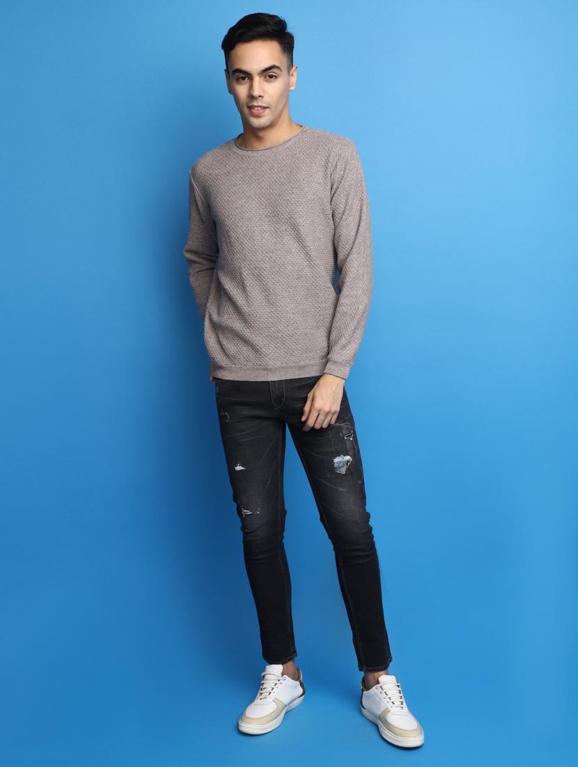 grey self design round neck pullover - 20686805 - Standard Image - 4