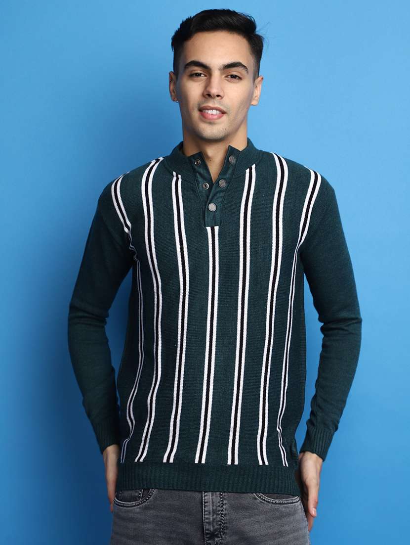 green vertical striped button detailed pullover