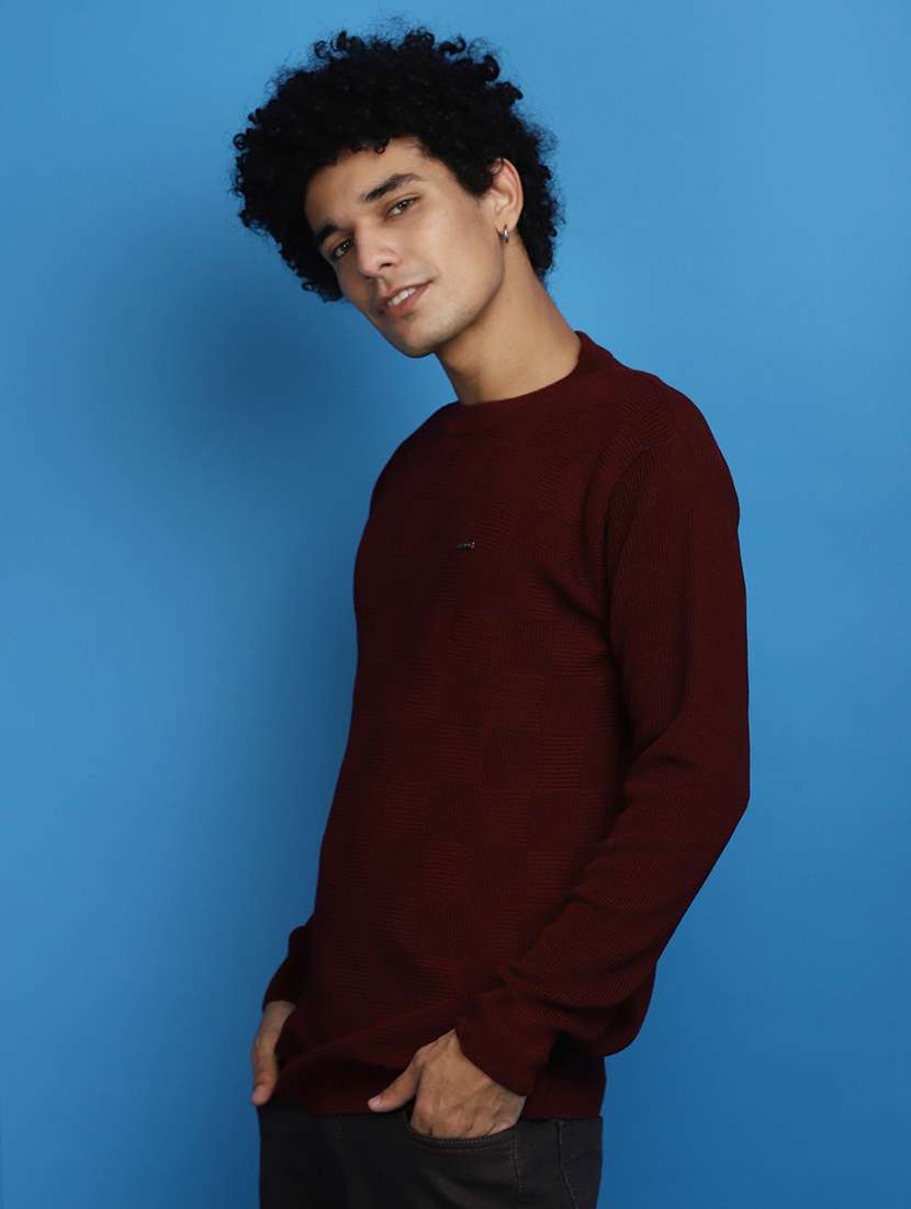 maroon self design round neck pullover - 20686836 - Standard Image - 1