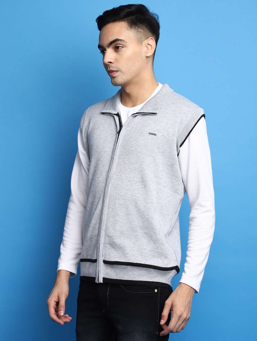 solid grey sleeveless zipper cardigan - 20686839 -  Standard Image - 1