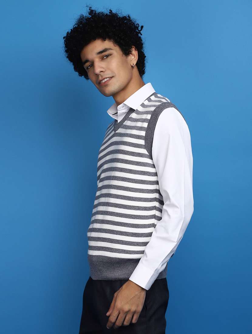 grey striped sleeveless v-neck pullover - 20686845 -  Standard Image - 1
