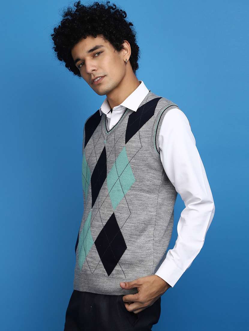 grey self design geometric print sleeveless v-neck pullover - 20686850 -  Standard Image - 1