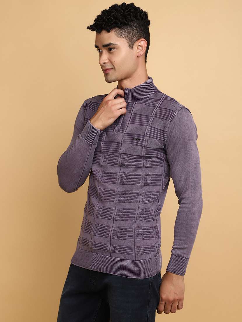 purple self design zip detailed pullover - 20686862 -  Standard Image - 1