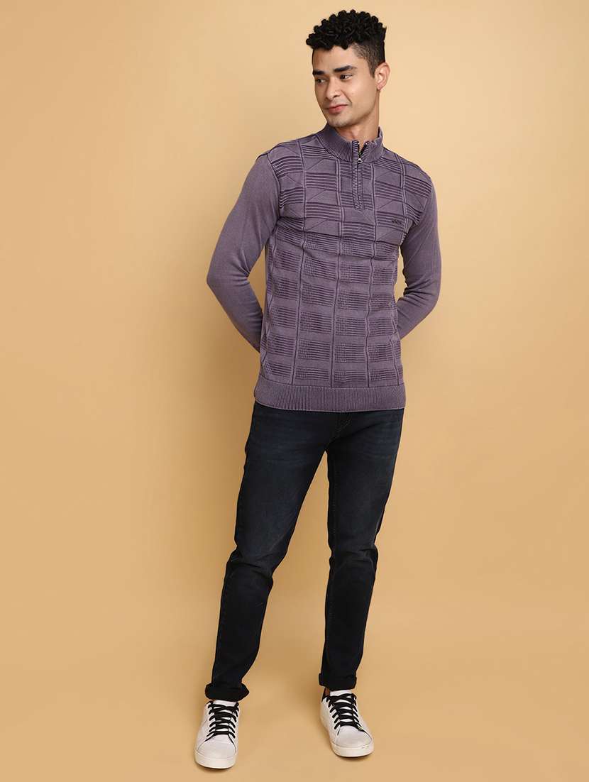 purple self design zip detailed pullover - 20686862 -  Standard Image - 4