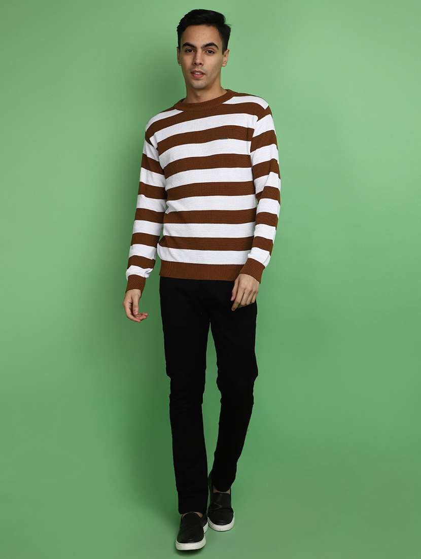 brown & white striped round neck pullover - 20686871 -  Standard Image - 4