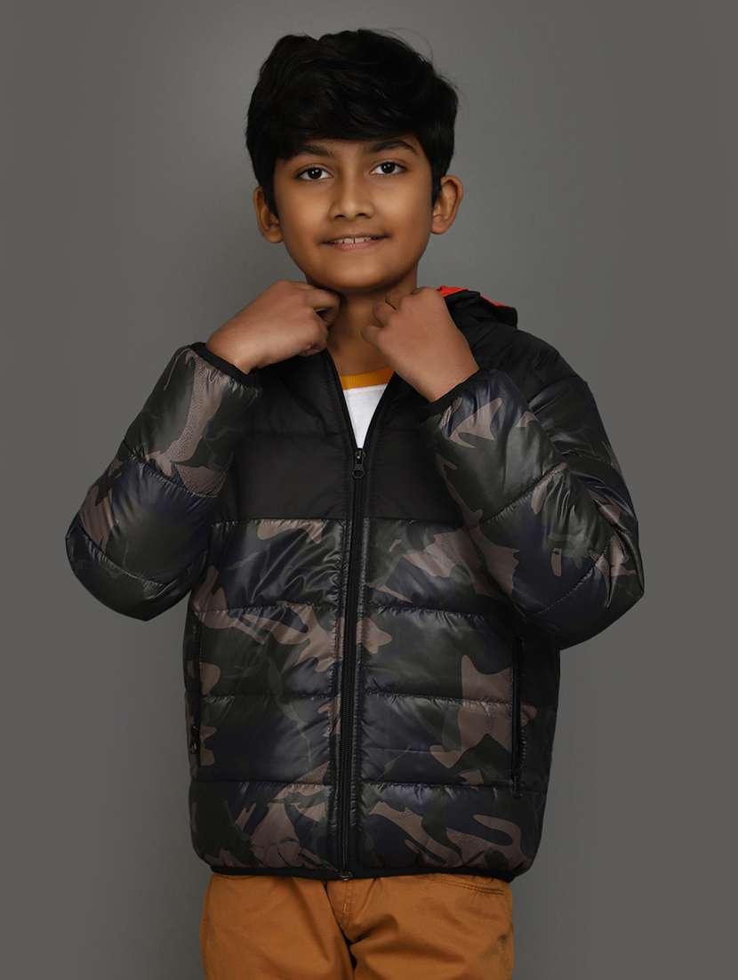 kids black printed hooded jacket