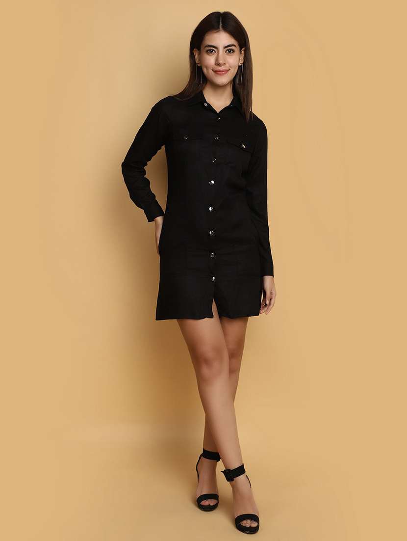 women black shirt collar straight dress