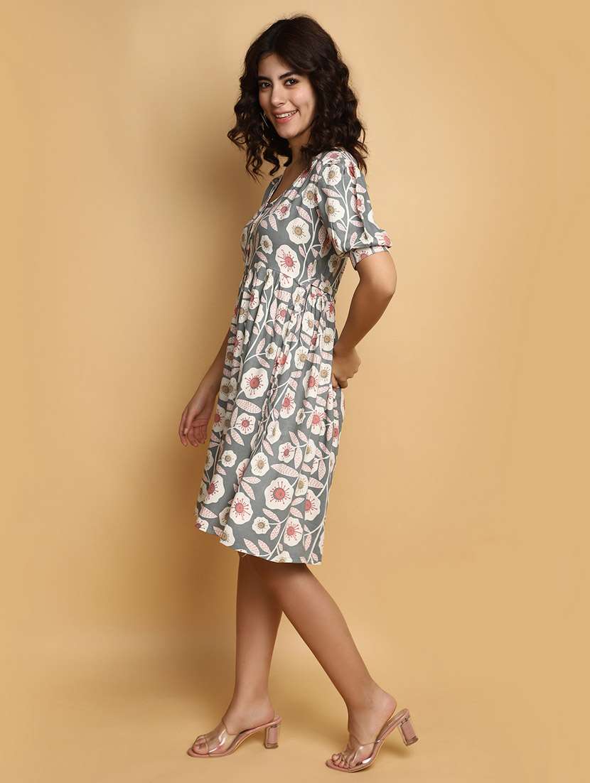 grey floral v neck dress - 20687426 -  Standard Image - 1
