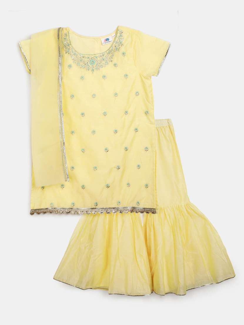 yellow round neck kurta sharara set with dupatta