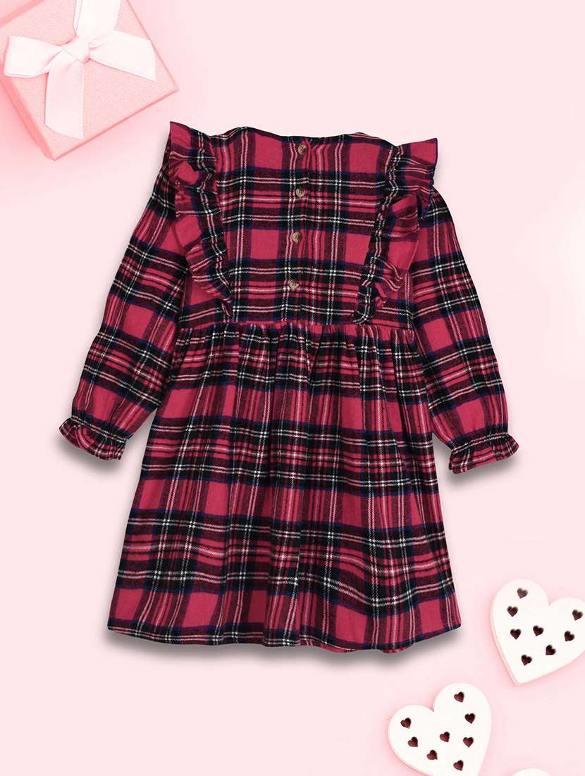 red round neck checks print frock - 20687934 -  Standard Image - 1