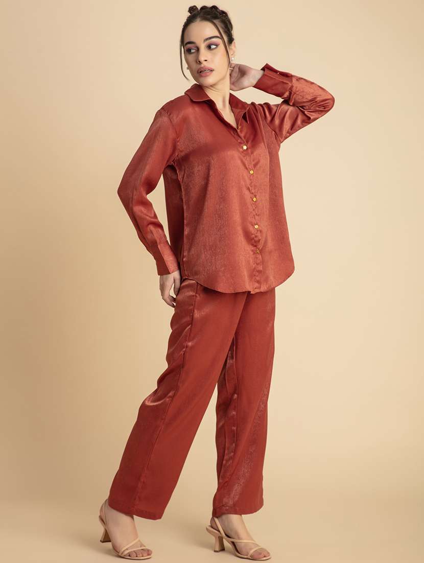 solid rust satin shirt & trouser set